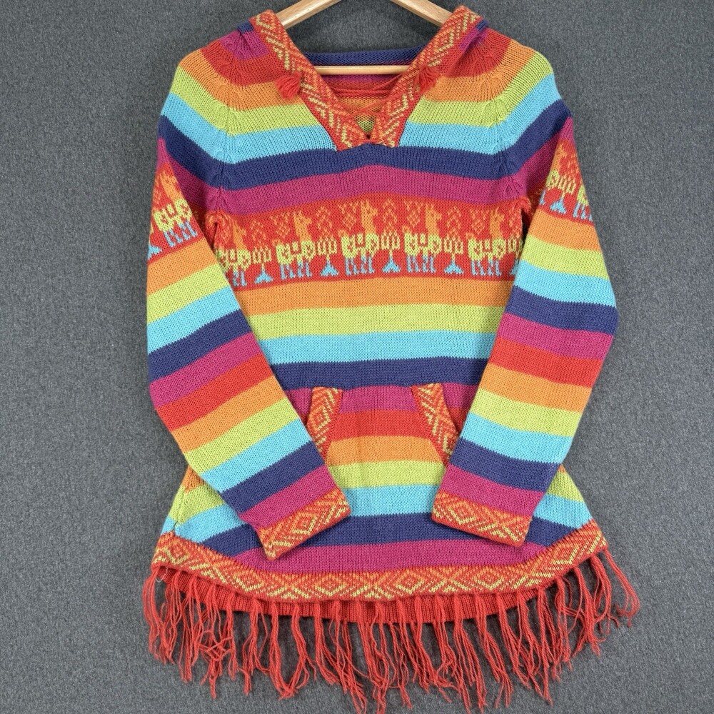 Rainbow Striped Llama Knit Hoodie Sweater Fringe Hem Boho Pullover XS Estimated
